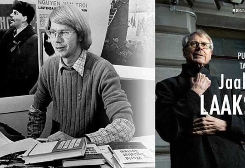 Kuvassa on kaksi osaa. Vasemmalla Jaakko Laakso nuorena villapaidassa istumassa pöydän ääressä ja sen päällä on kirjoja sekavasti. Taustalla on julisteita, joista vasemmalla Lenin puhumassa. Kuva on musta-valkoinen. Oikealla on kuva kirjan kannesta, jossa on Jaakko Laakso ulkona tummassa takissa ja taustalla on vaaleata seinää sekä kirjan nimi.