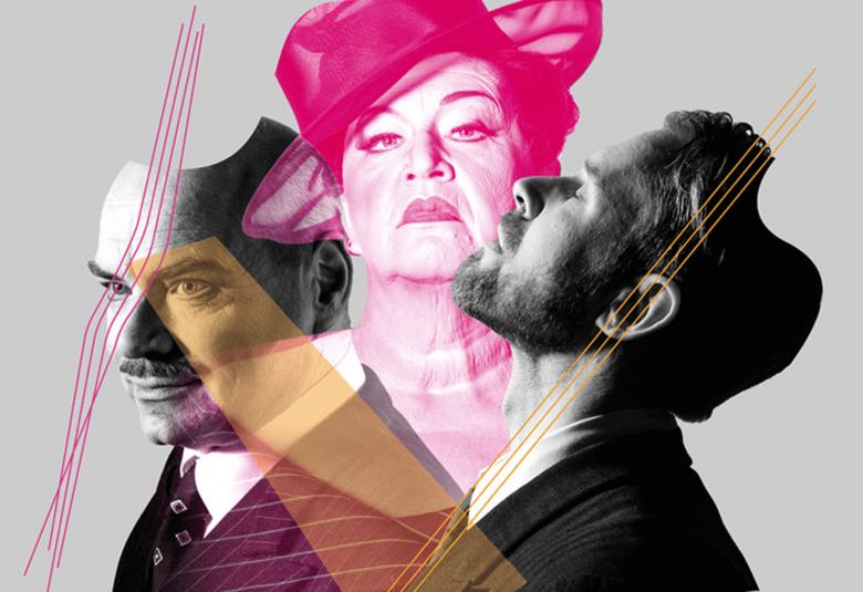 Kuvassa on kolmet kasvot, joista vasemmalla on miehen kasvot ja hän katsoo vasemmalle. Keskelle punaisella Päivi Nisula silinterihattu päässään. Edessä oikealla on mies sivuttain leukaparrassa ja hän katsoo ylöspäin.