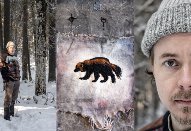 Kuvassa on kolme osaa. Vasemmalla seisoo Janne Kinnunen harmaassa villapipossa ja burgundin sekä harmaan värisessä villapaidassa talvisessa mäntymetsässä. Keskellä on harmaata risaista kangasta ja siinä on keskellä ruskea ahma. Oikealla on Janne Kinnusen kasvokuva harmaa pipo päässään.   