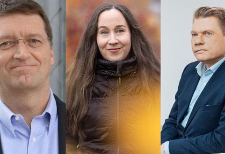 Kuvassa on kasvokuvassa kolmena erillisenä kuvana vasemmalla Tuomas Sandholm, Outi Tarkiainen pitkine tummine hiuksineen ja Timo Miettinen puolivartalokuvassa tummassa takissa.