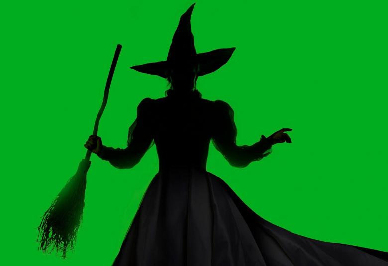 Kuvassa on musta naisen noitamainen hahmo, jolla on noitahattu, leveä helmainen mekko ja oikeassa kädessään luuta. Tausta on vihreä.