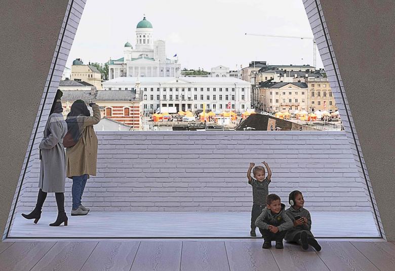 Kuvassa on kolmiomainen tila, josta näkyy merta ja näkymä Helsingin kauppatorin suuntaan ja tuomiokirkon torni. Etualalla kulkee ihmisiä. 