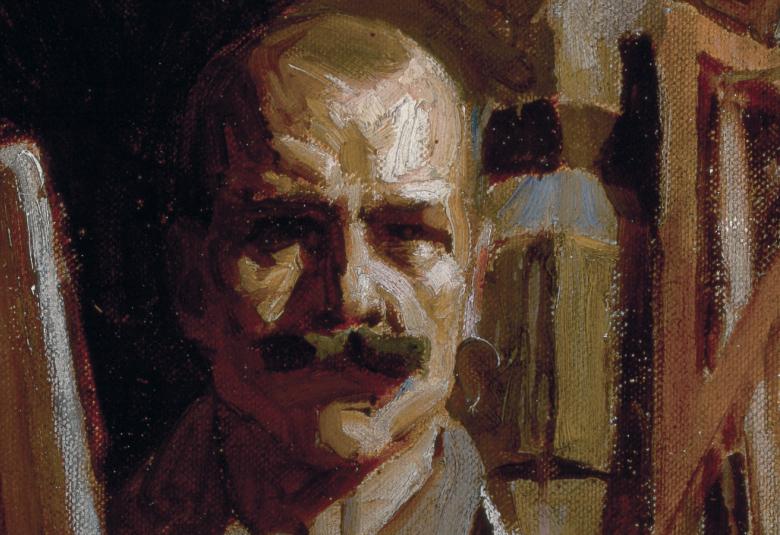 Kuvassa on Akseli Gallen-Kallelan omakuva, jossa näkyy ateljeen rakenteita. Kuva on ruskean näköinen.