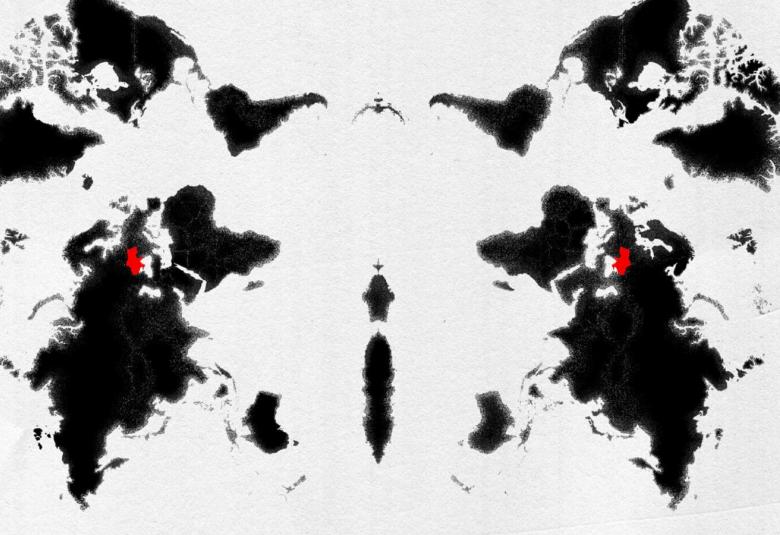 Kuvassa on musta-valkoinen maailmankartta, joka on jaettu keskeltä siten, että maailma on jaettu kahtia symmetrisiksi mantereiksi kaksiulotteisina.