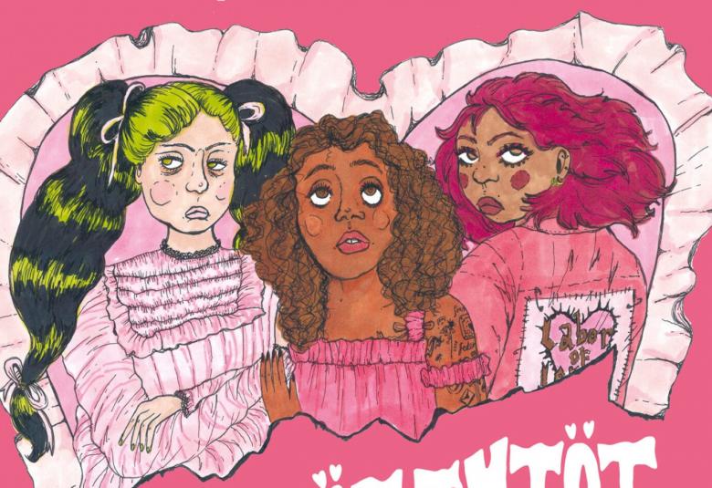 Kuvassa on piirrettynä kolmen tytön puolivartalokuvat ja heillä on tympeät ilmeet.  Heillä on vaaleat ja pinkit vaatteet. Heidän ympärillään on valkoista rypytettyä sydäntä. Tausta on pinkkiä.