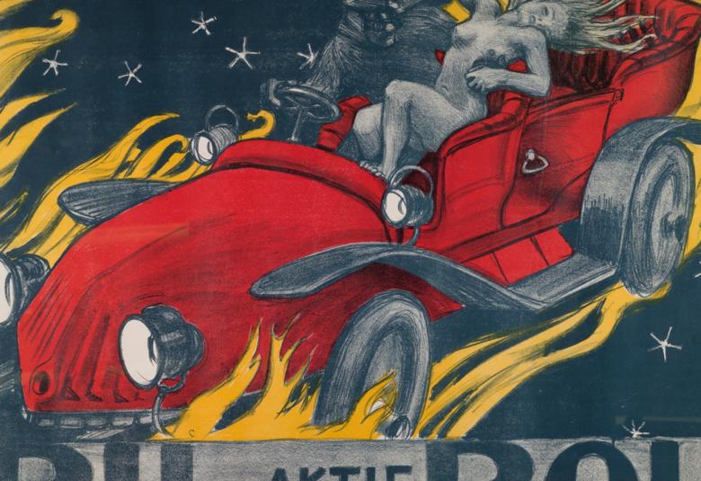 Kuvassa on punaisen vanhanaikaisen avoauton päällä harmaa haninen. Vasemmalla on keltaisia liekkejä taustalla tummaa tähtitaivas. Alla on tekstiä Bol-bol isoin kirjaimin.