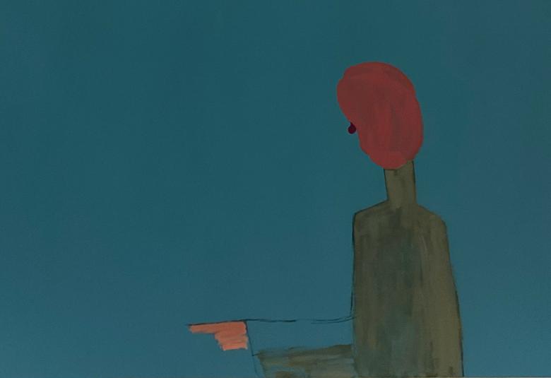 Kuvassa on tumman sinisellä pohjalla oikealla puolivartalokuvassa tumma, hoikka hahmo, jolla on punaiset hiukset.