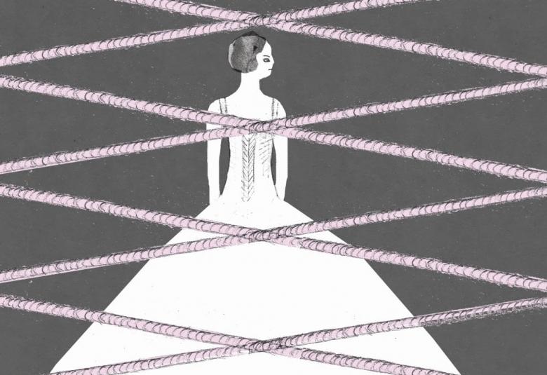 Kuvassa on piirroshahmona valkopukuinen nainen.  Koko kuvan alueella on roosan värinen nyöritys harmaalla pohjalla. 