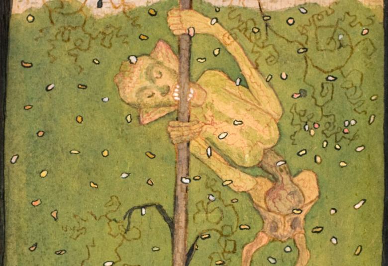 Kuvassa on vihreällä pohjalla kapeaa puunrunkoa pureva luurankomainen ihmishahmo. Tausta on vihreä ja siinä on valkoisia putoilevia, pieniä lehtiä.  Reunat ovat mustia.