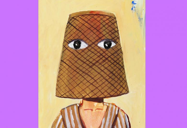 Kuvassa on keskellä keltaisella pohjalla piirros naisen olkapäistä ja päässä on ruskeä lampunvarjostin, jossa näkyy silmät. Molemmat sivut ovat vaalean liloja. Kuva on osa kirjan kannesta.