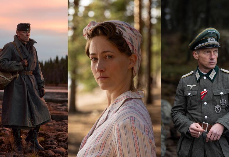 Kuvassa on kolme kuvaa. Vasemmalla on Peter Franzen sotilaspuvussa.  Keskellä on Sannah Nedergård puolivartalokuvassa ja hänellä on vaalea pusero ja huivi päässään. Oikealla on Volker Bruch sotilaspuvussa. 