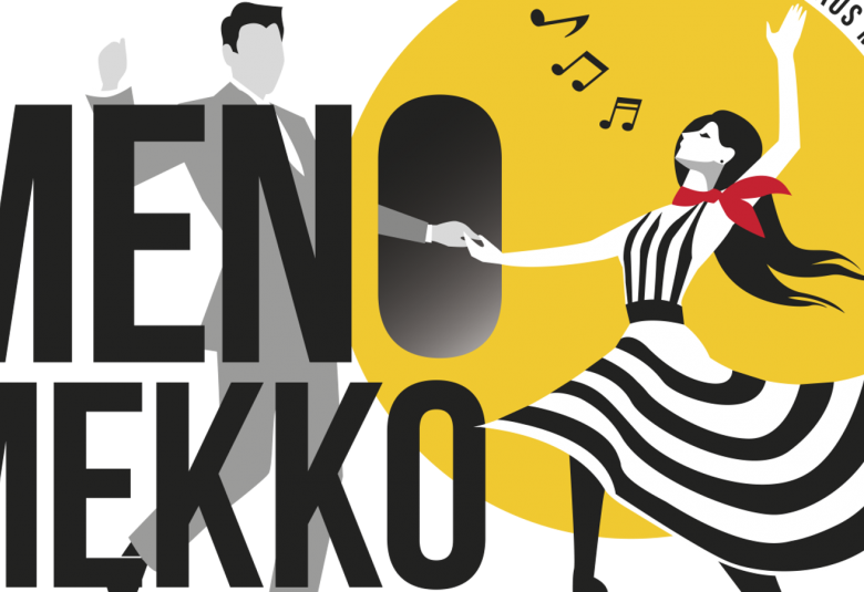 Kuvassa on isoin kirjaimin Menomekko ja taustalla on piirroskuvana vasemmalla harmaassa puvussa tanssiva mies, joka pitää kädestä musta-valkoraitaisessa mekossa tanssivaa naista. Takana on keltainen iso ympyrä ja siinä on naisen yläpuolella mustia nuotteja.