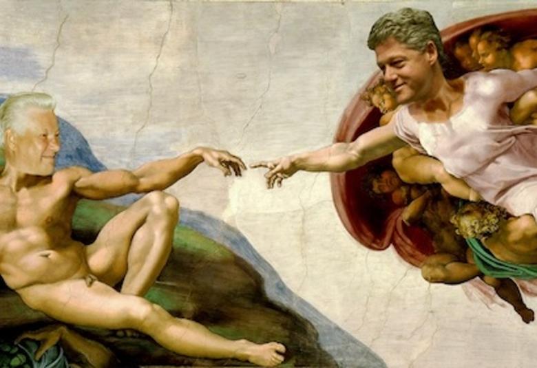 Kuvassa ovat vasemmalla makaamassa alaston kuvassa Da Vincin kuvaan vaihdettu Jeltsinin pää. Hän kurottaa vasemmalla kädellään oikealla olevan vastaavan miehen kehoon liitetyllä Clintonin päällä. Hänen taustallaan on pikku enkeleitä. Tämä mies kurottaa oikealla kädellään toisen kättä kohti. Taustalla on harmaata kalliota.