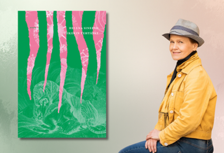Kuvassa on vasemmalla kirjan kansi, jossa on vihreällä pohjalla vaalean punaisia suipontuvia suikaleita. Oikealla istuu vinottain Helena Sinervo keltaisessa jakussa ja harmaassa lierihatussa. 