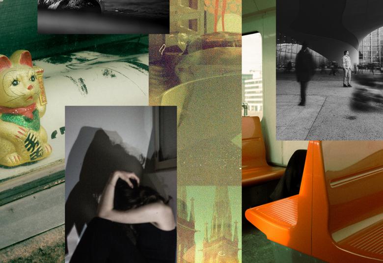 Kuvassa on kollaasi eri valokuvista.  Vasemmalla on itämäinen keltainen keraaminen kissa hyllyllä ja sen alla musta-valkokuva hauistaan näyttävästä kädestä ja tumma varjo seinällä. Oikealla on oransseja tuoleja ja musta-valkokuva kupolin alla seisovista ihmisistä.