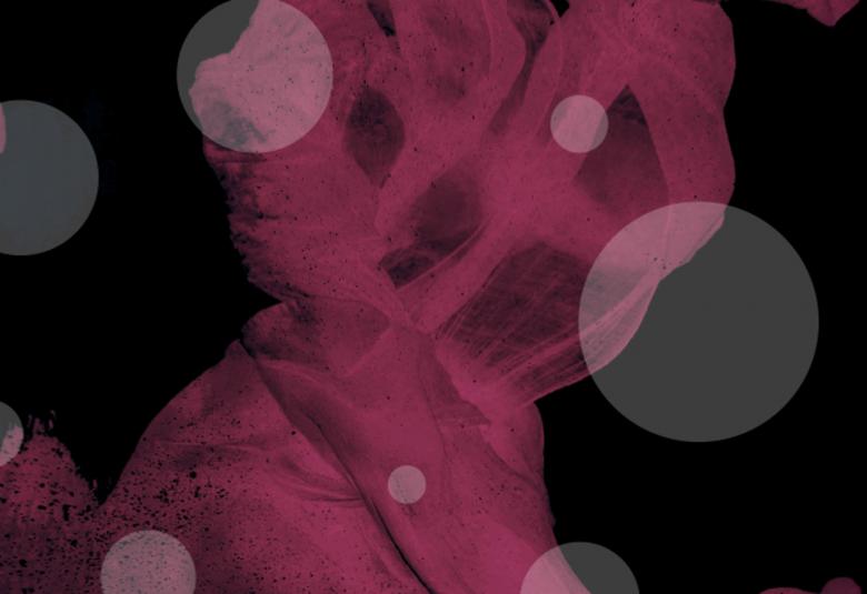 Kuvassa on violettia ja tummaa kuviopintaa seka vaaleita eri kokoisia kuplia. Kuva on osa kirjan kannesta.