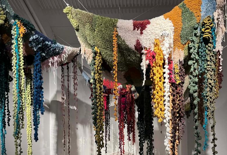  Kuvassa on naruilla roikkumassa erivärisiä kiharaisia, paksuja lankoja. Oikealla toisella narulla on yläosassa eri värisiä ryijymäisiä osia yläosassa, joista roikkuvat, paksut langat lähtevät.