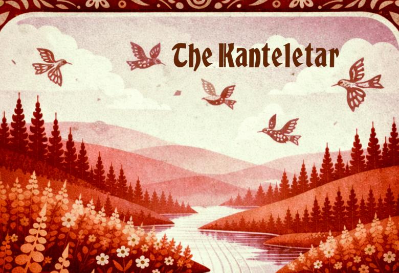 Kuvassa on ruskeissa vilja-aiheisissa raameissa punaiset metsäiset mäet ja niiden keskellä joki ja kauempana vaaleita tuntureita Yläpuolella lentää ruskeitä lintuja sekä oikealla ylhäällä The Kanteletar.