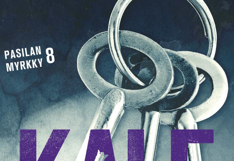 Kuvassa on vanhanaikaisia avainten periä pyöreässä renkaassa. Tausta on tumman harmaa ja vaalenee. Vasemmalla on pienin kirjaimin Pasilan myrkky. Alla lukee violetilla osittain Kale. Kuva on osa kirjan kannesta.