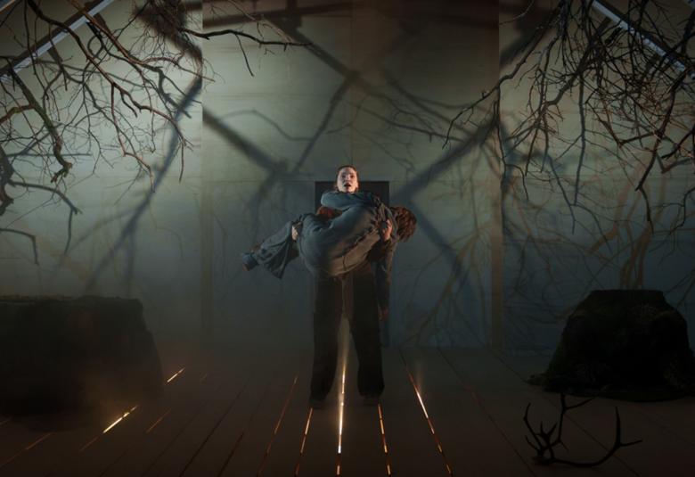 Kuvassa on keskellä Tommi Eronen kantamassa Tuuli Pajua.  Kuvan sävy on tummala ylhäällä on oksia roikkumassa puupalkeista molemmin puolin ja taustalla on sumua. 