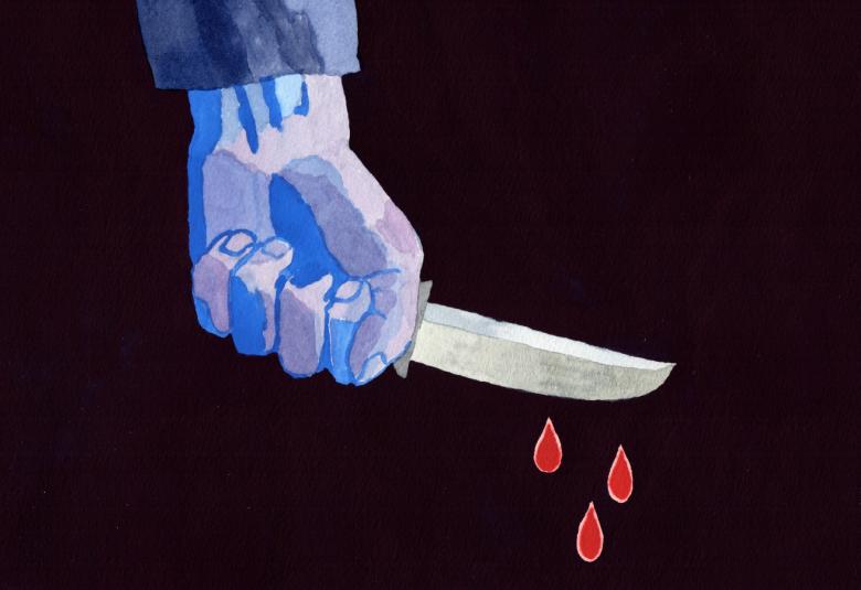 Kuvassa on mustalla pohjalla ylhäältä päin tuleva sinertävä käsi, jossa on veitsi ja siitä tipahtaa kolme suurta veripisaraa. Kuva on piirroskuva.