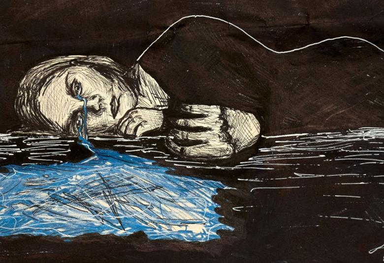 Kuvassa on piirroskuva makaavasta naisesta mustalla taustalla ja hänestä näkyy valkoinen ääriviiva, kasvot ja kädet.  Silmistä lähtee sinistä vettä.