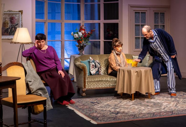 Kuvassa on olohuone ja siinä istuu vasemmalla nainen, joka nojaa oikealla kädellään nojatuolilla ja hänellä on viininpunaiset vaatteet päällään. Keskellä on vihertävä sohva ja sillä istuu nainen vaalean ruskeassa puserossa. Hänen edessään on vaalean ruskealla liinalla peitettetty pieni pöytä. Siihen kurottaa seisoen sinisessä aamutakissa mies.