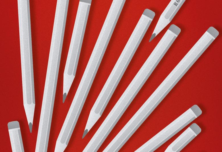 Kuvassa on ylhäältä alaspäin vaalean harmaita lyijykyniä virtamaisesti. Tausta on ruskean punainen.