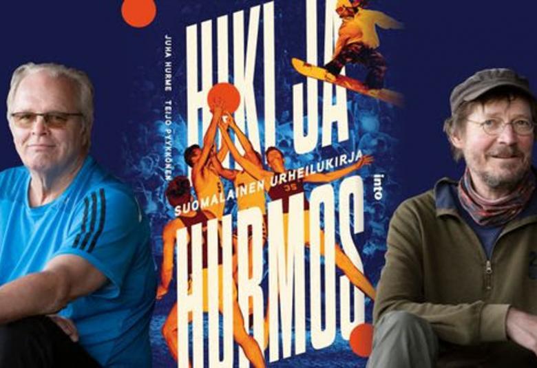 Kuvassa on vasemmalla Keijo Pyykkönen sinisessä urheilupaitaan. Keskellä on kirjan nimi isolla ja sen välissä urheilukuvia oranssisävyisinä. Oikealla on Juha Hurme tumman vihreässä lippalakissa ja puserossa.