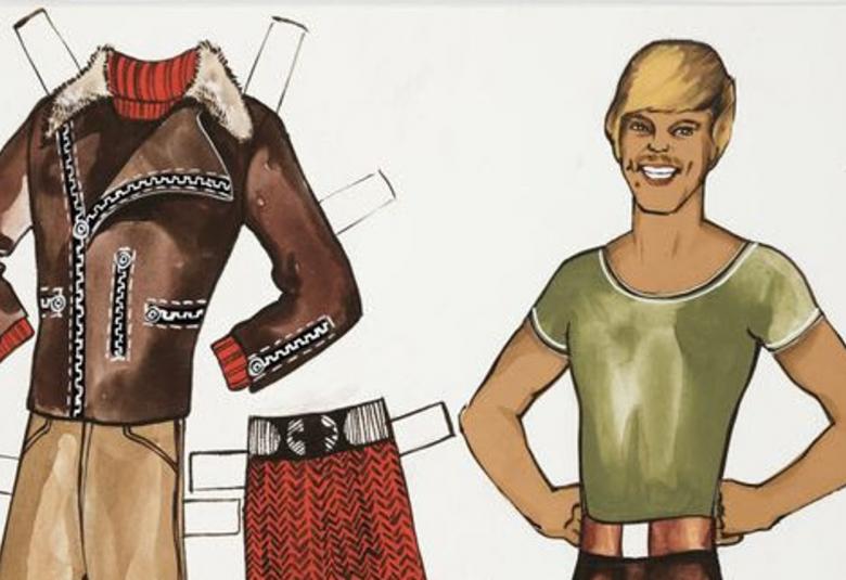 Kuvassa on vasemmalla ruskea puolitakki ja vaalean ruskeat housut ja oikealla alhaalla punaiset housut paperinukkea varten. Oikealla on Vesa-Matti Loirin paperinukkekuva.