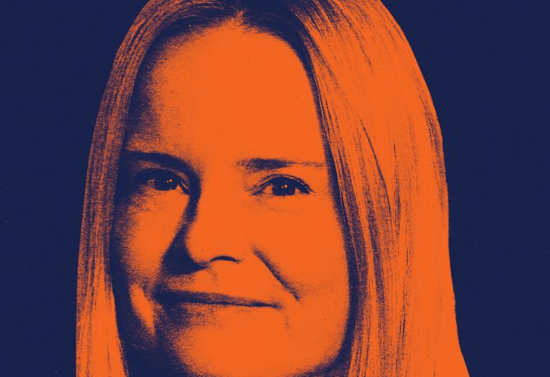 Kuvassa on kasvokuva Riikka Purrasta ja hänellä on puolipitkät suorat hiukset. Kasvot ovat oranssit ja tausta on tumma violetti. Kuva on osa kirjan kannesta.