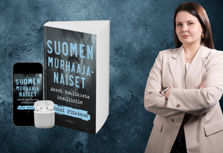 Kuvassa on vasemmalla kirjan kansi ja sen vieressä kännykkä ja molemmissa on harmaan sinisellä otsikko Suomen murhaajanaiset. Oikealla on vaalean ruskeassa jakussa Heini Pitkänen.