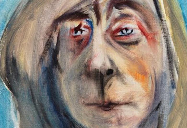 Kuvassa on Tove Janssonin kasvokuva ja siinä on juonteista eri väreillä.