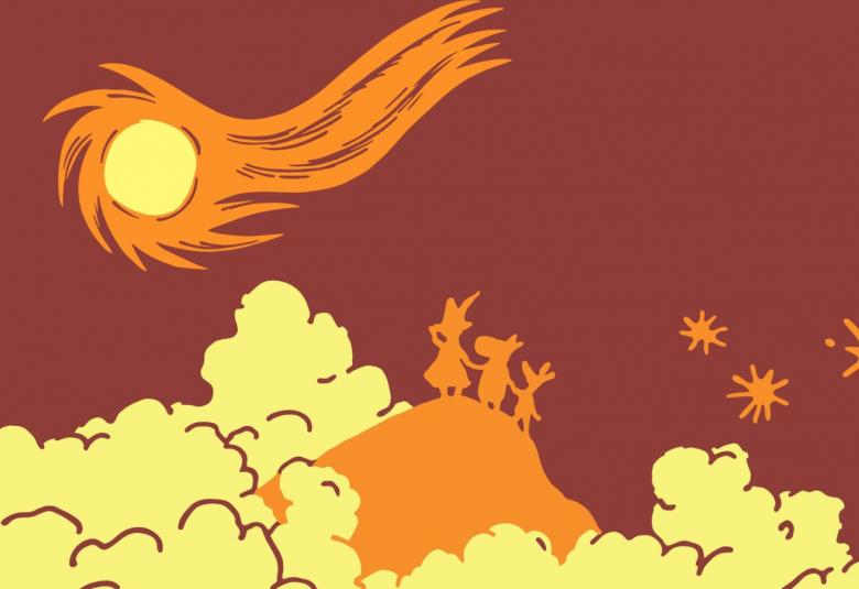 Kuvassa on ruskeaa taivasta ja alla keltaisia pilviä. Pilvien välissä on vaalean ruskea kumpu. Kummun päällä on kolme muumihahmoa. Kuva on osa levyn kannesta.