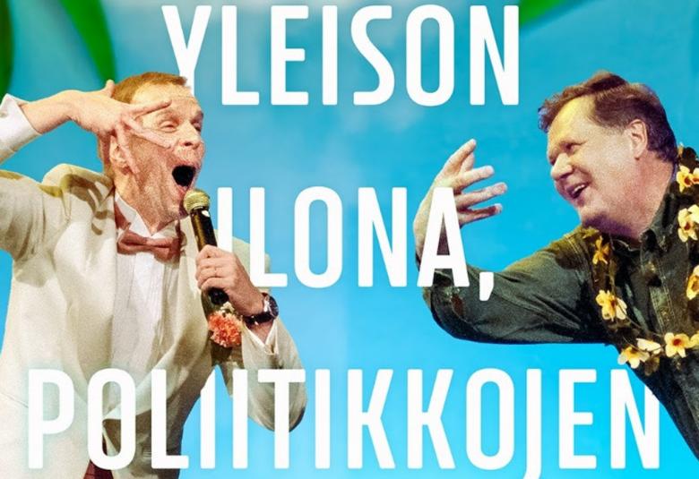 Kuvassa on vasemmalla Jukka Puotila mikki oikeassa kädessä vasemmalla kädellään hän tekee sormien haristusta. Hänellä on vaalea takki päällään. Vasemmalla on tummassa paidassa oleva miesoikea käsi edessään.  tausta lla vaalean sinistä ja kirjan nimeä Yleisön ilona, poliitikkojen. Kuva on osa kirjan kannesta.