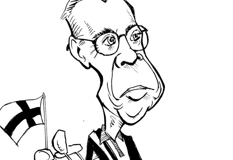 Kuvassa on musta-valkoinen karikatyyrinen piirroskuva Alexander Stubbista ja selässä on golfbägi, jossa on Suomen lippu.