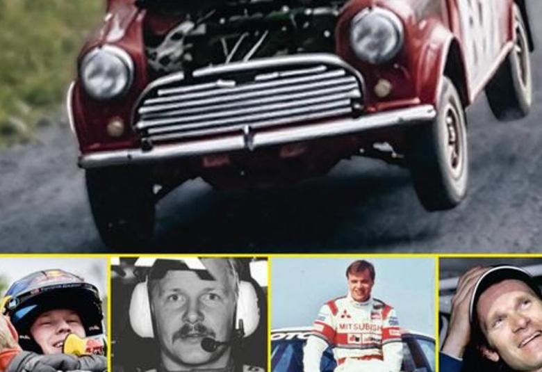 Kuvassa on yläosassa punainen vanha rallimihi konepelti auki vinossa hiekkatiellä.  Alla on pieniä neljä pientä kuvaa voittaneista ralliautoilijoista joko kypärä päässään tai valkoisessa haalariasussa. Kuva on osa kirjan kannessa.