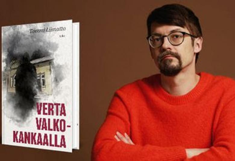 Kuvassa on vasemmalla kirjan kansi ja siinä on puinen vaalea puutalo ja sen edessä iso, tumma haamu sekä oikeassa alalaidassa kirjan nimi Verta valkokankaalla. Oikealla istuu tommi Liimatta ja hänellä on punainen paita päällään. Taista on ruskea.