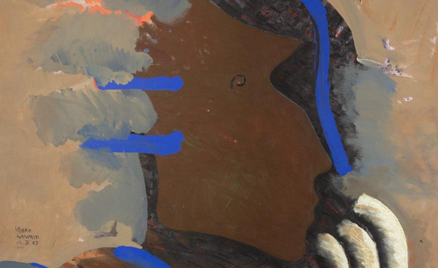 Kuvassa on teos, jossa on kellertävän ruskeata, pilvimäistä harmaata ja ruskeata väripintaa. Alhaalta tulee kolme sormimaista, valkoista koukkua ja oikealla harmaan ruskeaa pintaa.