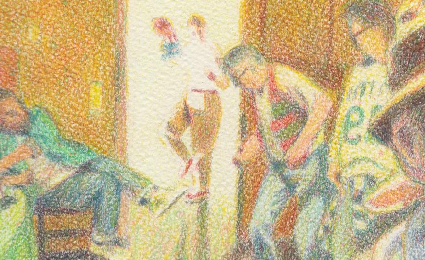 Kuvassa on rakeisesti tehty piirros, jossa on vasemmalla vihreisiin pukeutunut mies istumassa ja oikealla seisoo toinen mies. Seinät ovat keltaruskeita vouliksi ja puoliksi vaalean keltaisia.