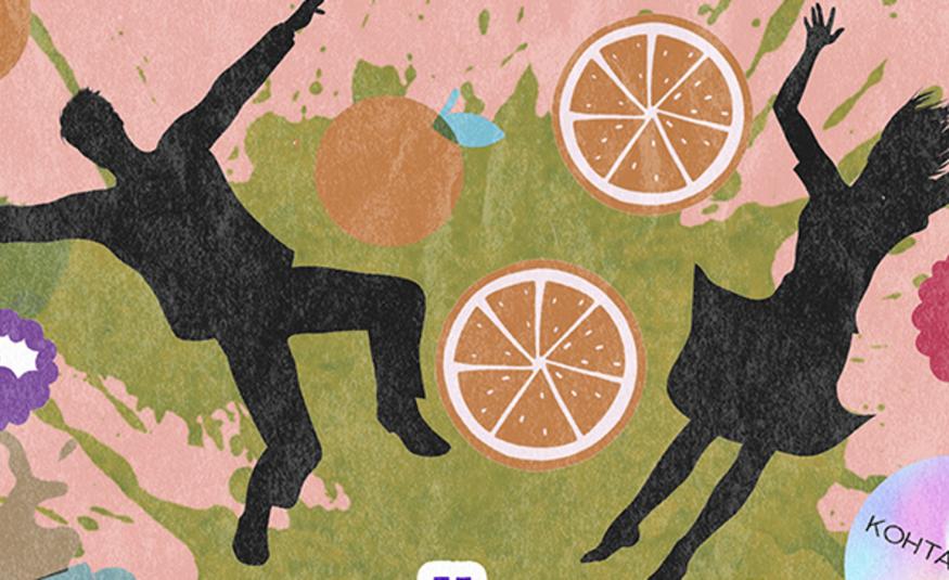 Kuvassa on piirroskuva, jossa on vasemmalla musta mieshahmo kelluvassa asennossa ja oikealla naishahmo. Keskellä on appelsiinin siivu ja ylempänä ruskea omena. Tausta on roosan ja vaalean vihreän läiskikäs. Kuva on osa kirjan kannesta.   