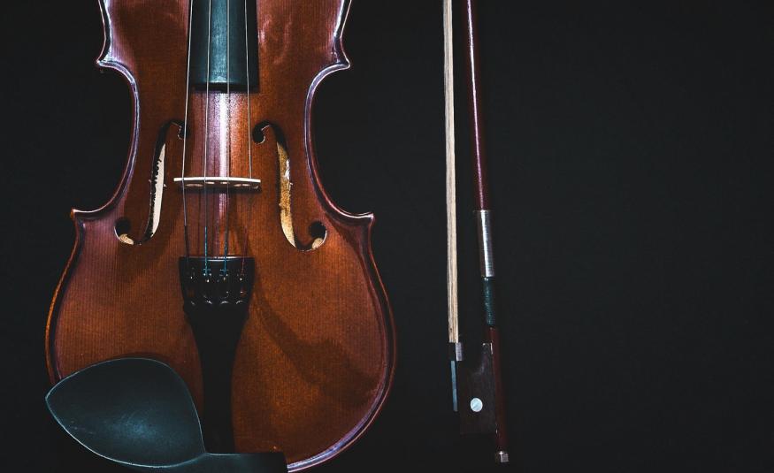Kuvassa on mustalla pohjalla tumman ruskea viulu pystyssä. 