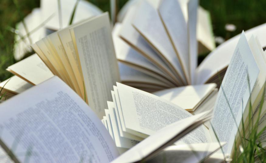 Kuvassa on kirjoja avoinna ja niiden vierestä näkyy vihreitä ruohon korsia.