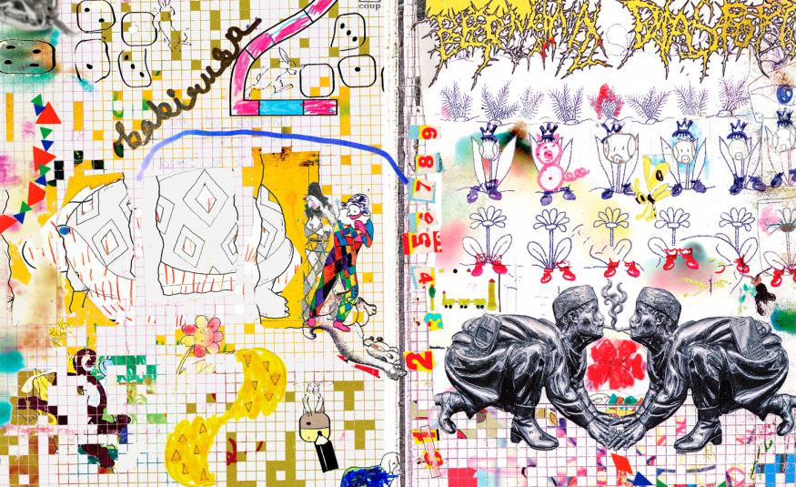 Kuvassa on teos, joka on jaettu kahtia keskeltä. molemmissa on pieniä piirroksellisia yksityiskohtia. Oikean puoleisessa on alhaalla kaksi mustaa henkilöä vastakkain kyykyssä.   