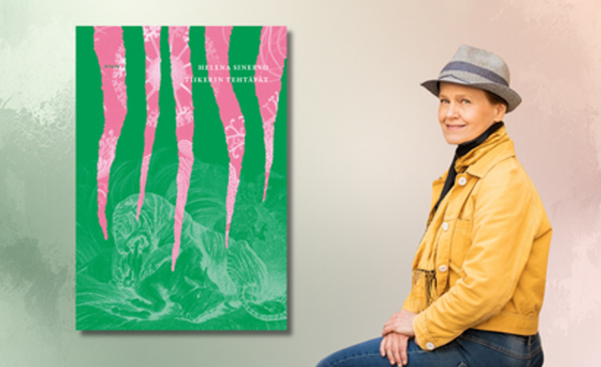 Kuvassa on vasemmalla kirjan kansi, jossa on vihreällä pohjalla vaalean punaisia suipontuvia suikaleita. Oikealla istuu vinottain Helena Sinervo keltaisessa jakussa ja harmaassa lierihatussa. 