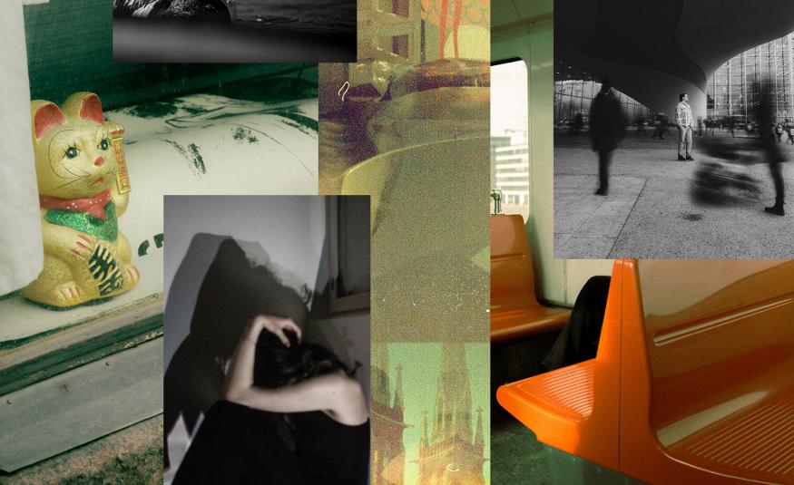 Kuvassa on kollaasi eri valokuvista.  Vasemmalla on itämäinen keltainen keraaminen kissa hyllyllä ja sen alla musta-valkokuva hauistaan näyttävästä kädestä ja tumma varjo seinällä. Oikealla on oransseja tuoleja ja musta-valkokuva kupolin alla seisovista ihmisistä.