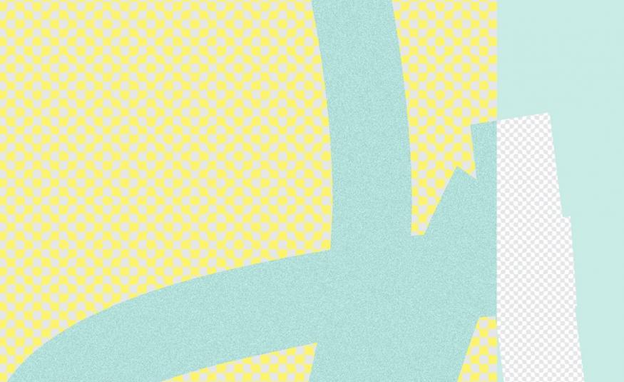 Kuvassa on  suurin osa turkoosi-keltaruudullista pohjaa ja oikealla vaaleata turkoosia. Lähes keskeltä tulee leveä turkoosi raita ja vinosti ylimenevää raitaa. Oikealta alhaalta tulee vaalea raita ylöspäin. Kuva on osa julisteesta.