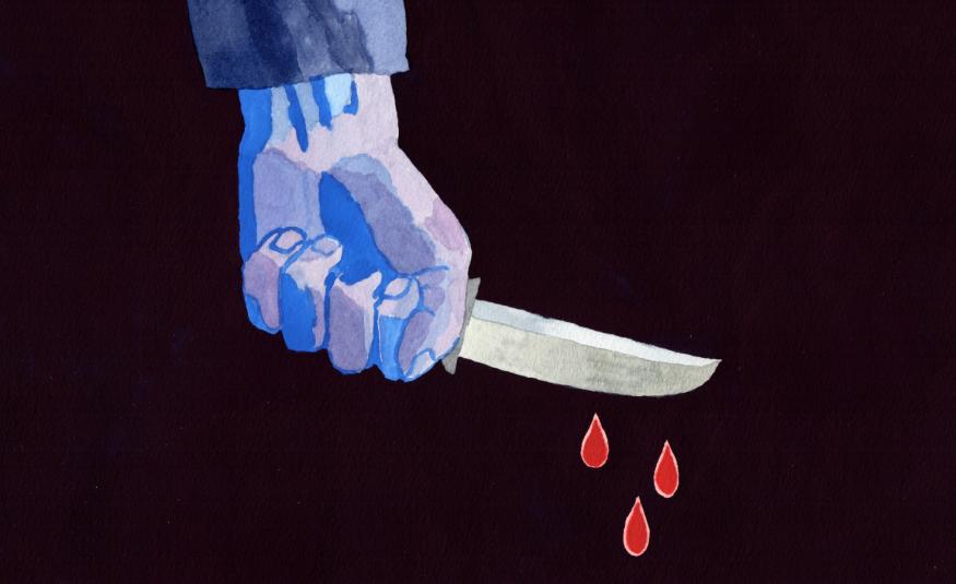 Kuvassa on mustalla pohjalla ylhäältä päin tuleva sinertävä käsi, jossa on veitsi ja siitä tipahtaa kolme suurta veripisaraa. Kuva on piirroskuva.