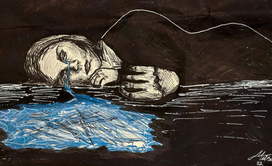 Kuvassa on piirroskuva makaavasta naisesta mustalla taustalla ja hänestä näkyy valkoinen ääriviiva, kasvot ja kädet.  Silmistä lähtee sinistä vettä.