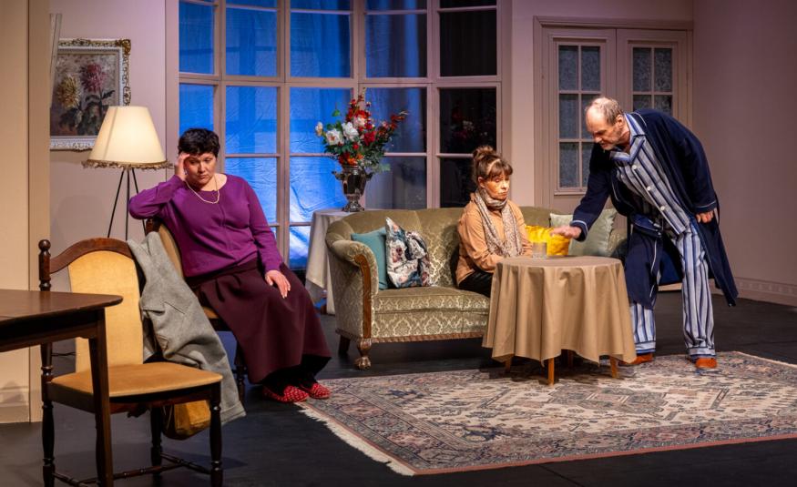 Kuvassa on olohuone ja siinä istuu vasemmalla nainen, joka nojaa oikealla kädellään nojatuolilla ja hänellä on viininpunaiset vaatteet päällään. Keskellä on vihertävä sohva ja sillä istuu nainen vaalean ruskeassa puserossa. Hänen edessään on vaalean ruskealla liinalla peitettetty pieni pöytä. Siihen kurottaa seisoen sinisessä aamutakissa mies.